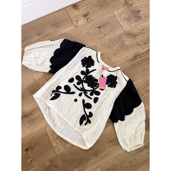 THML Tops - THML M NWT black white foral embroidered bubble sleeve blouse lightweight summer